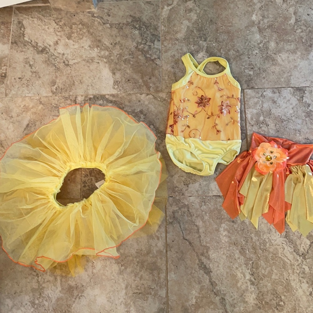 Curtain call costumes yellow leotard, skirt & tutu